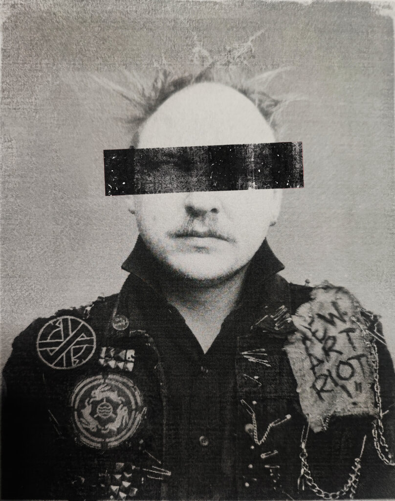 Black-and-white punk portrait of artist Hari Ren with a distressed black bar across the eyes